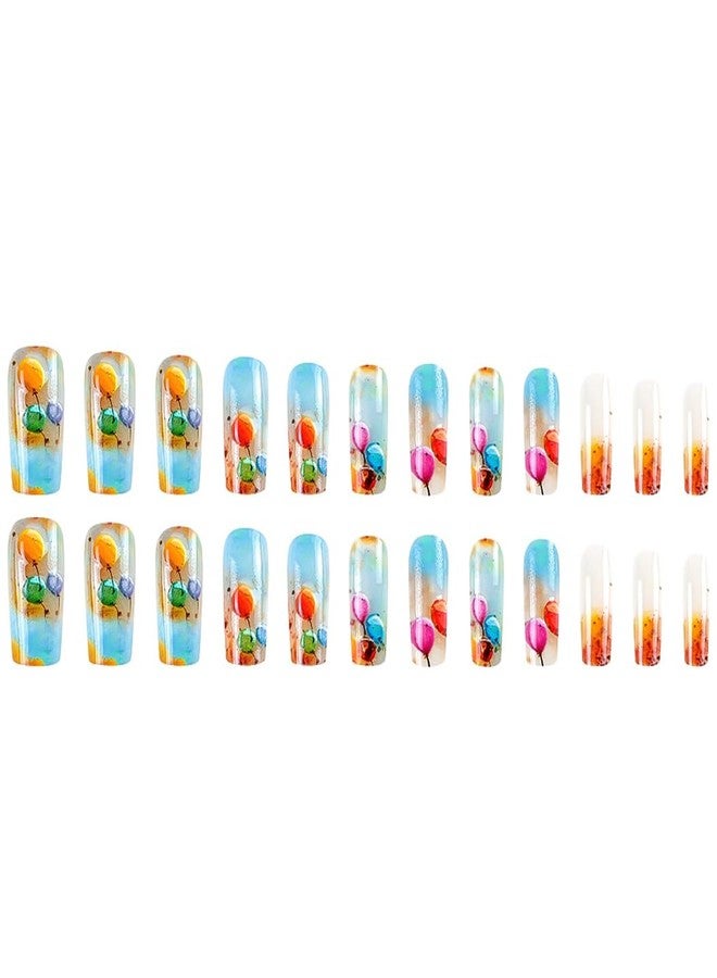 RikView Coffin Press on Nails Long Fake Nails Blue Acrylic Nails with Color Balloon Design Glossy Full Cover Nails Nails for Women 24 PCs/Set - Image 5